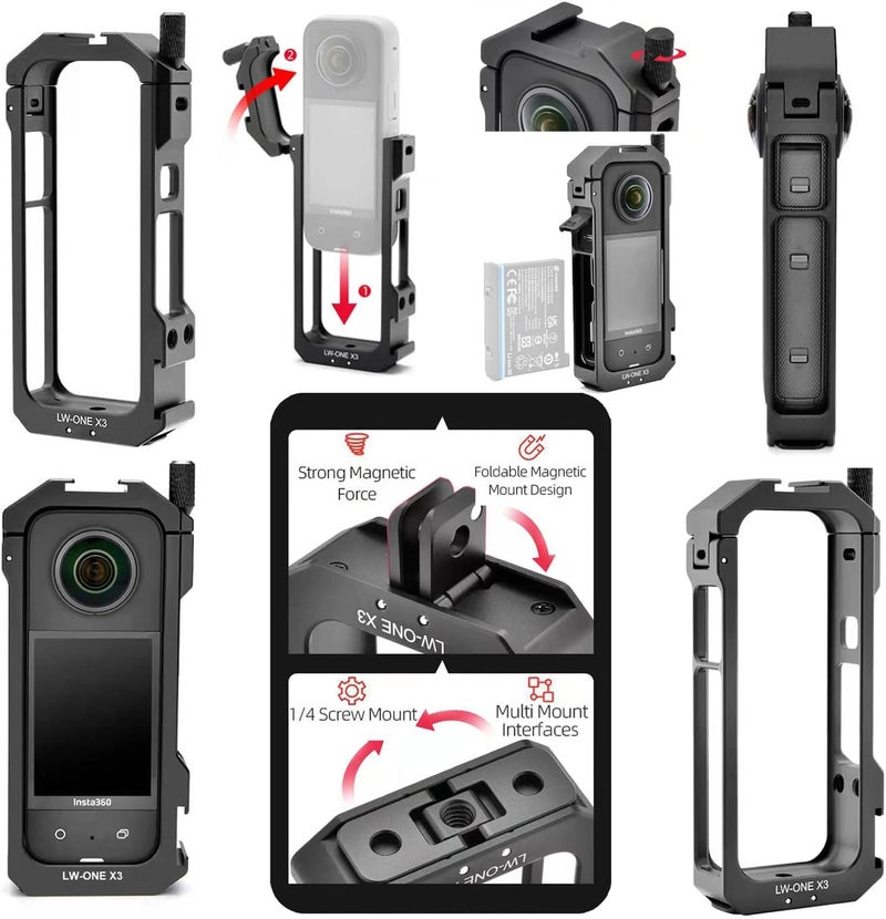 debous Aluminum Frame Cage Sticky Lens Guard Set Screen Protector for Insta360 X3 X 3 Accessories Kit Anti-Scratch Metal case Housing Shell Tempered Glass Protective Film Cover - Image 2